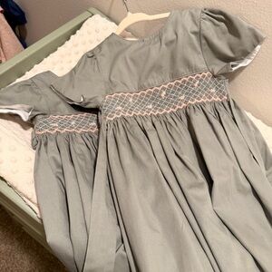 Edgehill Collection Smocked Girls' Dress in Sage with Pink Trim